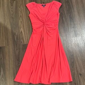 Chaps Orange Peach Coral Pink Ruched A-Line Midi Dress